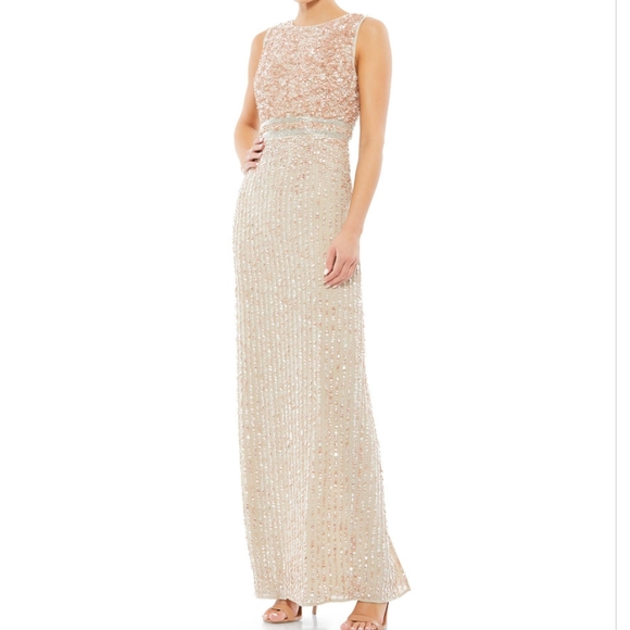 NWT Mac Duggal Sequined High Neck Sleeveless Column Gown Dress Nude Flawed 4 - Picture 1 of 12